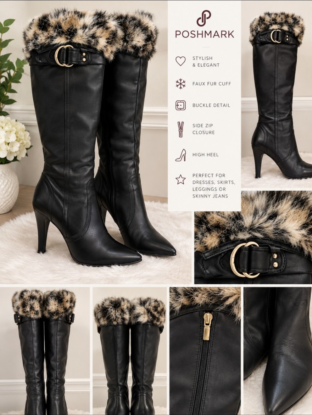 Guess Black Faux Fur-Cuff Knee-High Heeled Boots with Gold Buckle